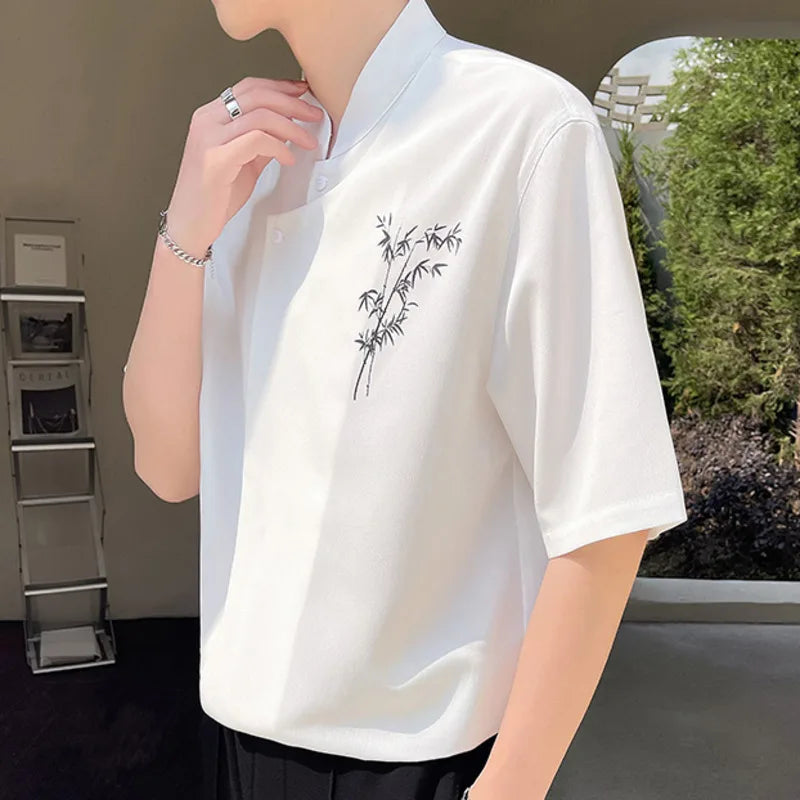 Solid Chest Embroidery Stand Collar Shirt