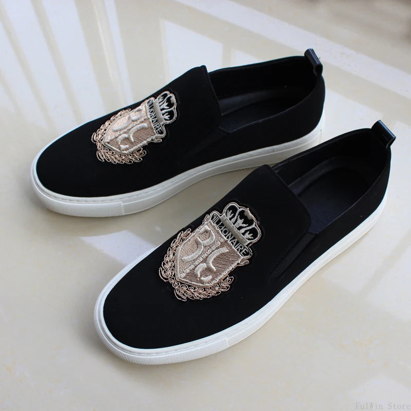 Embroidery Black Suede Leather Loafers