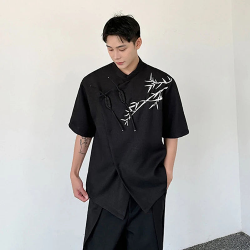 Embroidery Stand Collar Short Sleeve Shirt