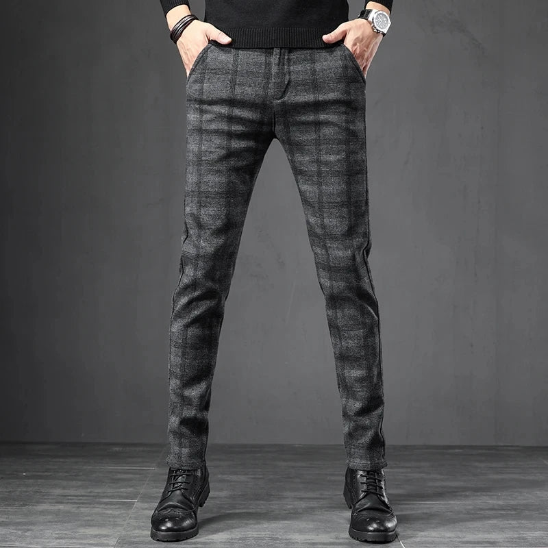 Dark Plaid Casual Slim Fit Trousers