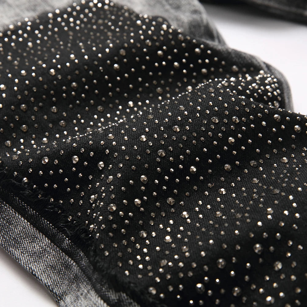 Gray Black Rhinestones Patchwork Jeans