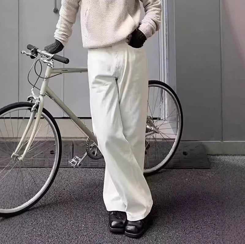 White Solid Color Straight Jeans