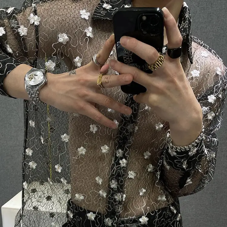 Transparent Lace Floral Loose Shirt