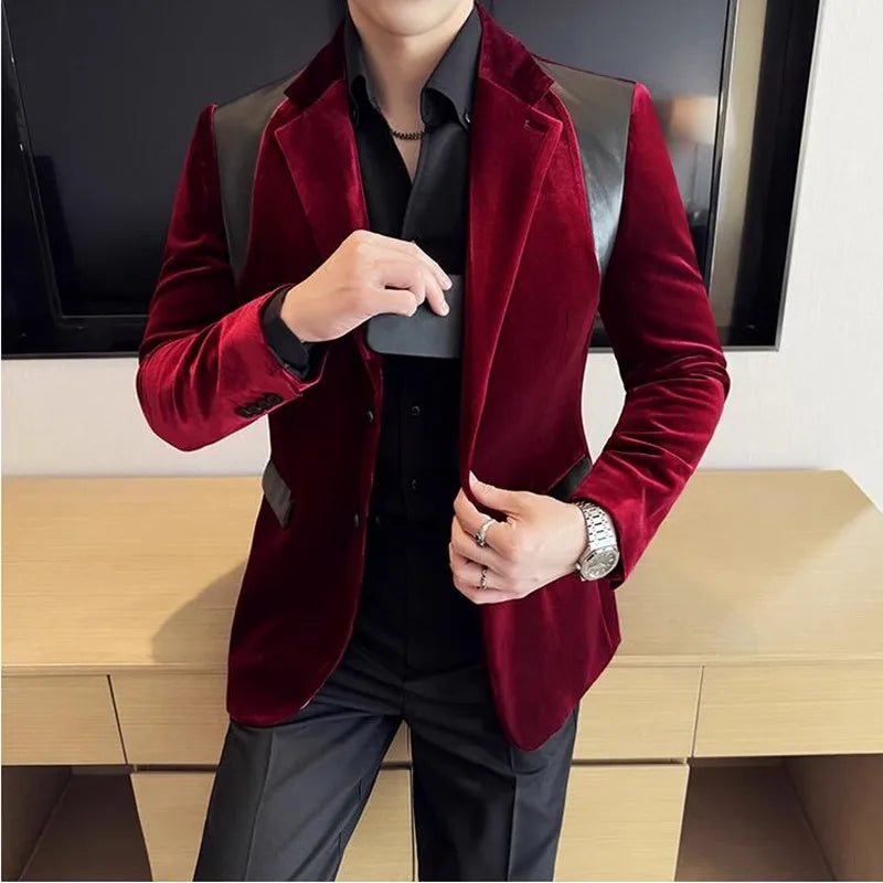 Velvet Leather Splicing Formal Blazer