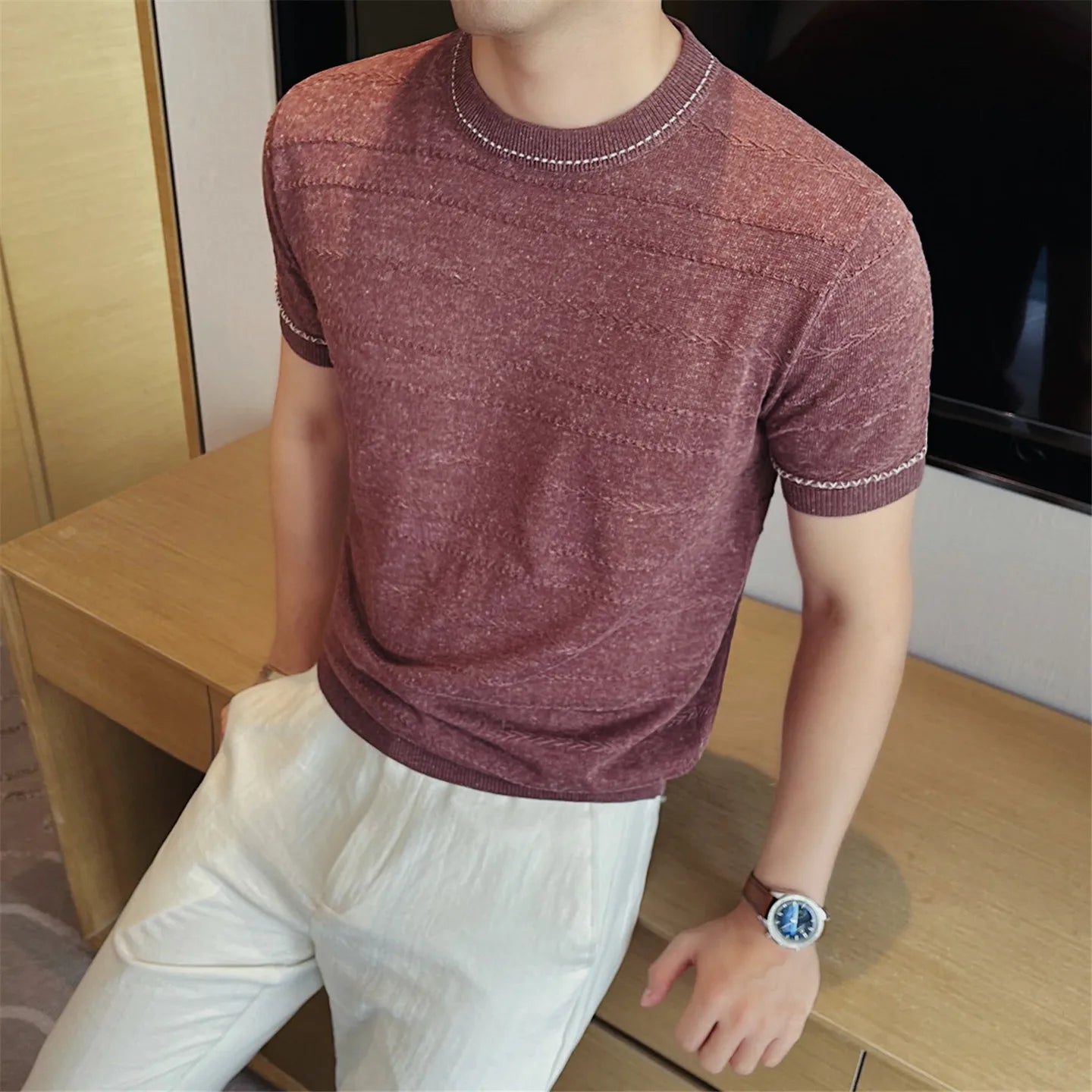 Textured Stripe Pattern Knit T-Shirt