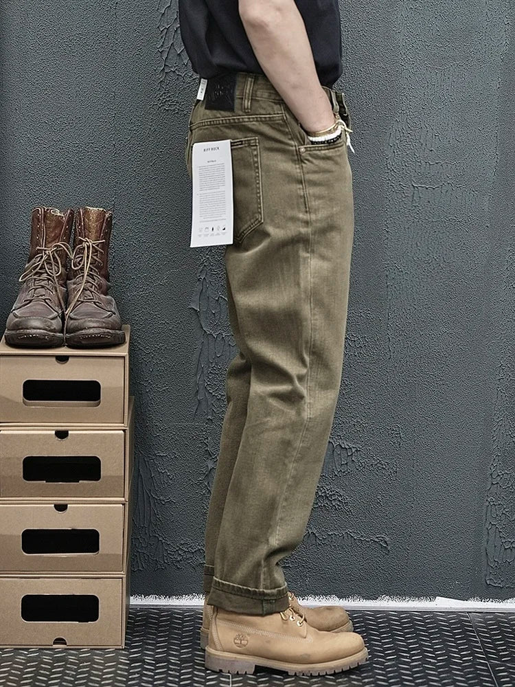 Retro Green Army Straight Denim Jeans