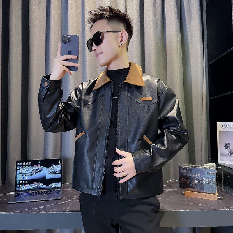 Contrasting Lapel PU Leather Jacket