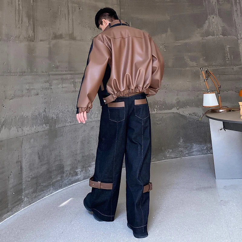 Thickened Denim PU Patchwork Pants Set