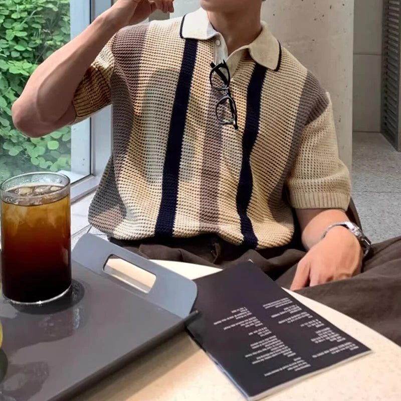 Stylish Striped Hollow Out Knit Polo Shirt