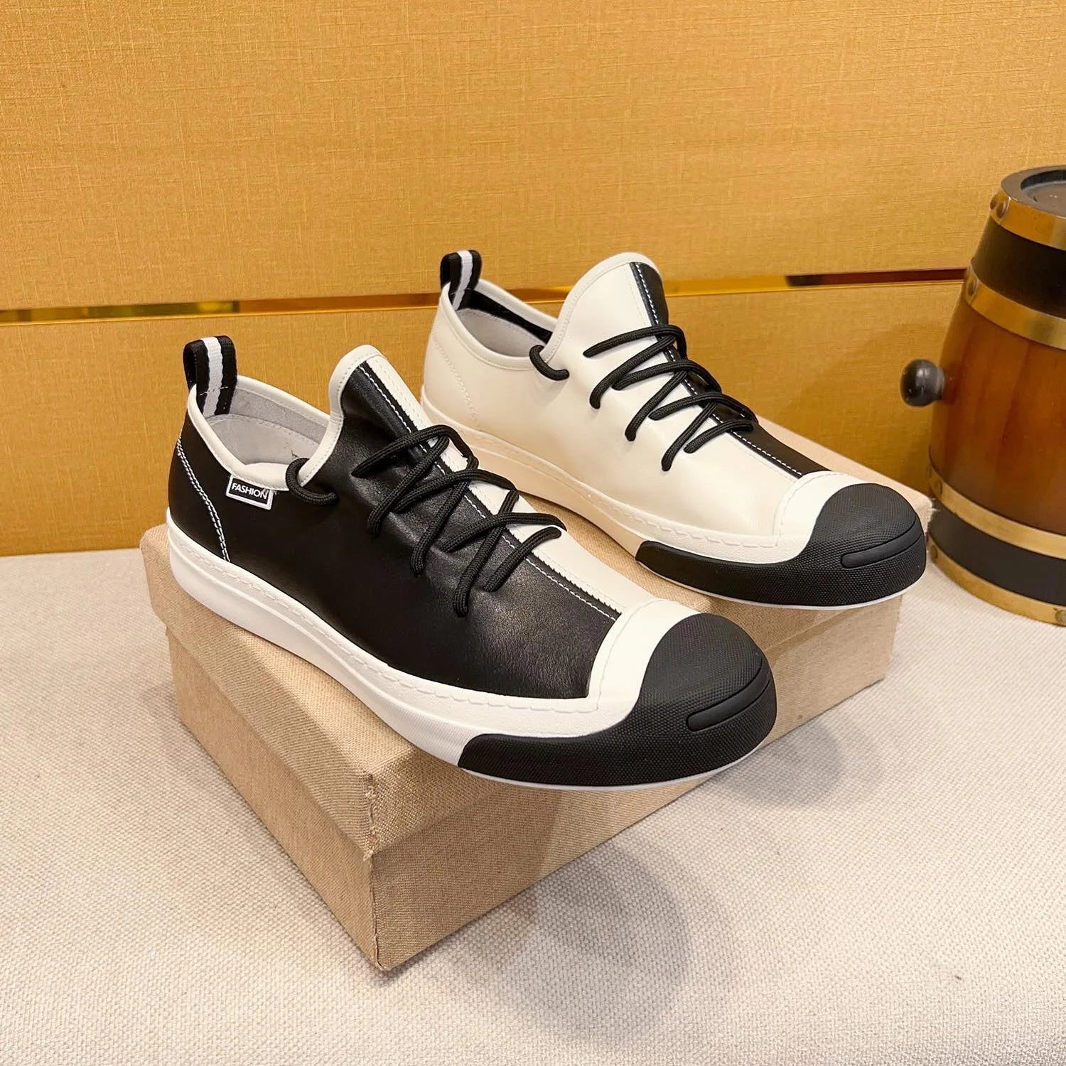 Split Color Black & White Leather Sneakers