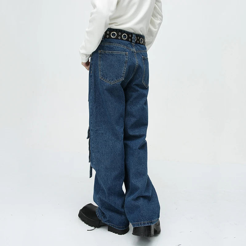 Pockets Belt Blue Denim Straight Jeans