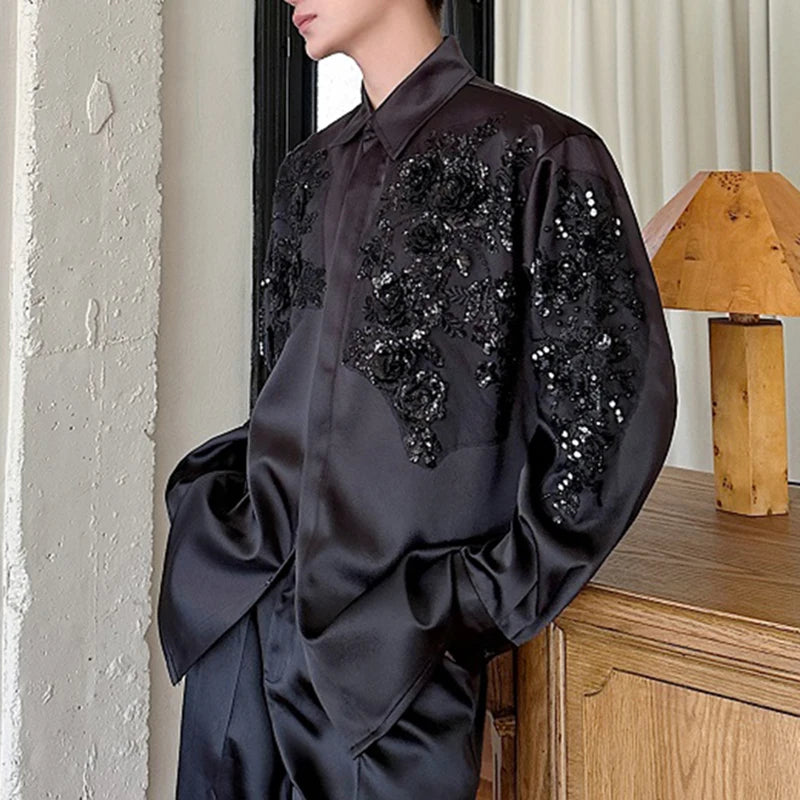 Solid Lapel Sequin Embroidered Shirt