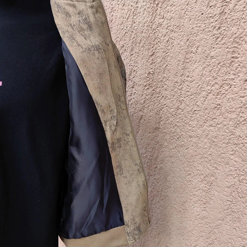 Distressed Graphic Collar Bomber Jacket