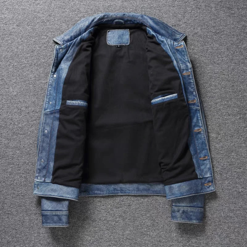 Light Blue Washed Denim Leather Jacket