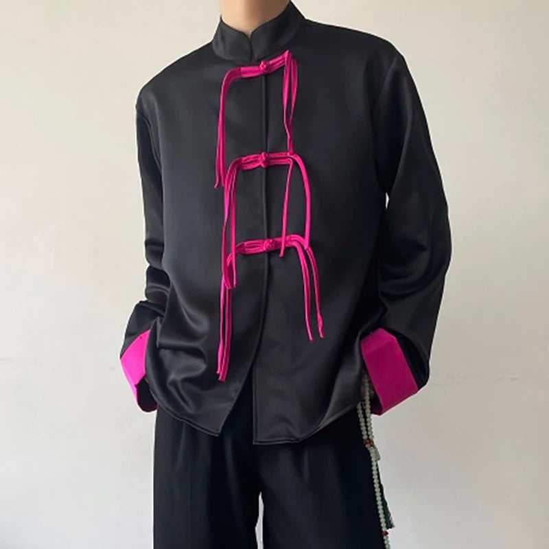 Chinese Style Buckle Stand Collar Shirt
