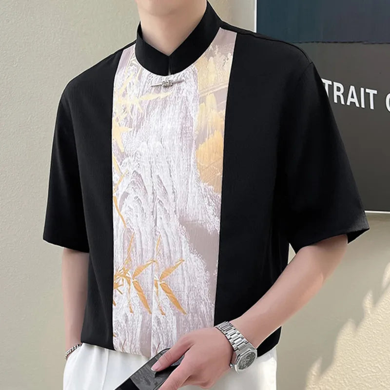 Chinese Abstract Color Blocking Shirt