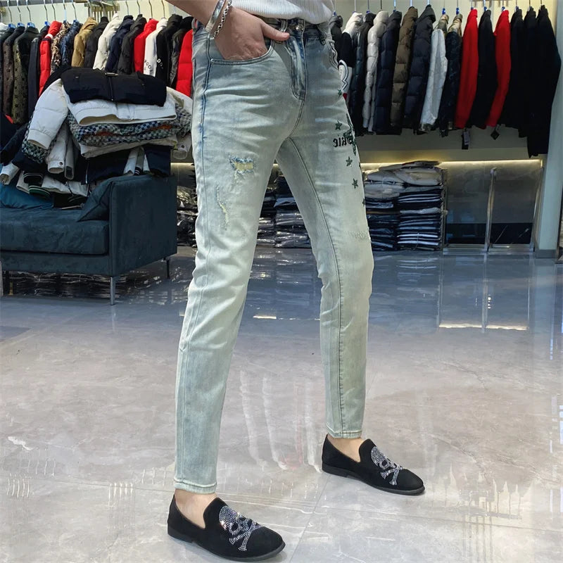Light Blue Street Fashion Star Letter Jeans