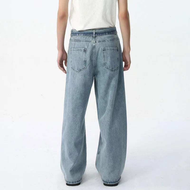 Solid Color Belt Blue Denim Jeans