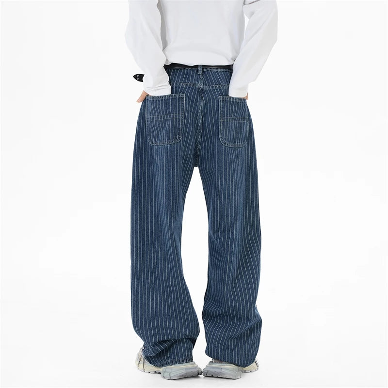 Blue Striped Side Seam Beaded Jeans