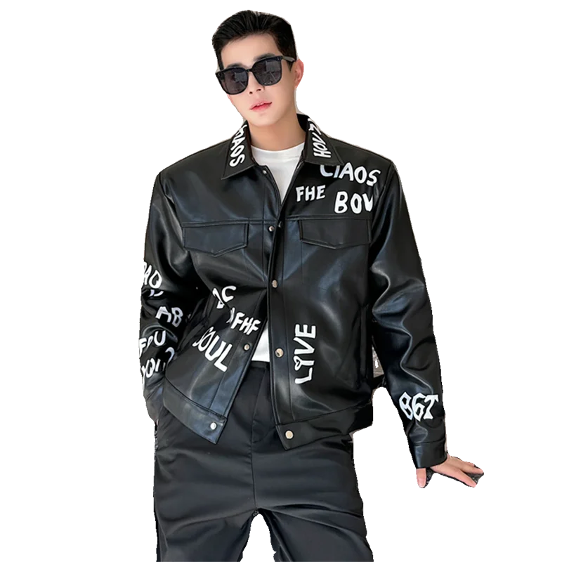 Letter Printed Design Black Leather Jacket