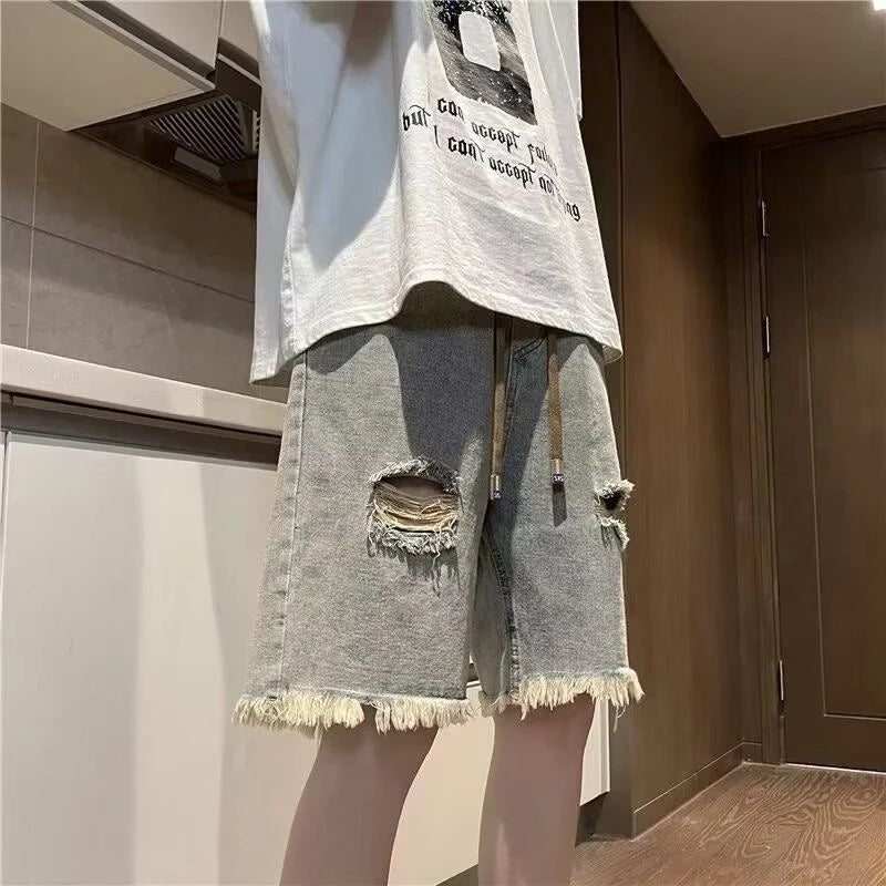 Washed Ripped Drawstring Denim Shorts