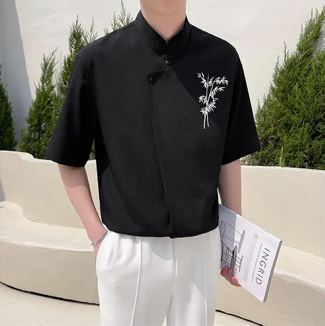 Solid Chest Embroidery Stand Collar Shirt