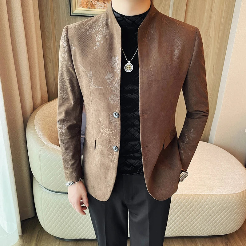 Chinese Style Stand Collar Printed Blazer