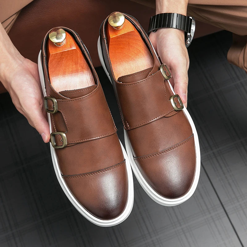 Double Buckle Casual Men Leather Shoes