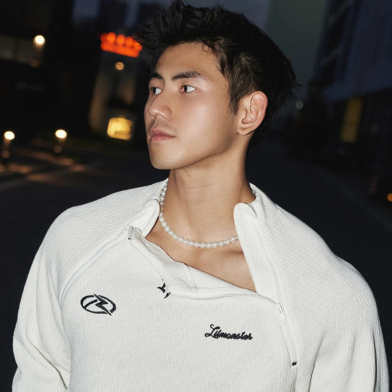 Double Neck Zipper Long Sleeved T-Shirt