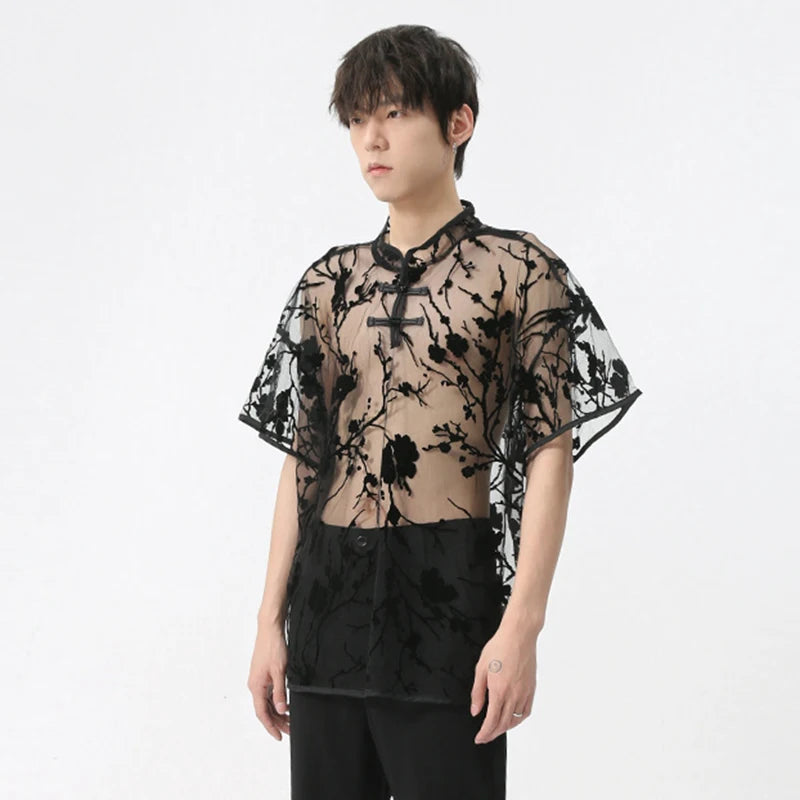 See Through Embroidery Black Shirt