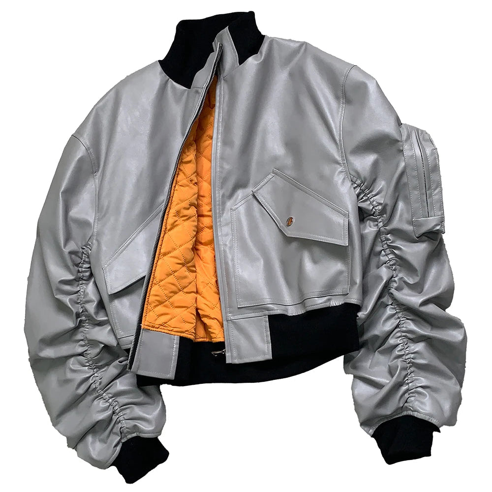 Silver Faux Leather Bomber Jacket
