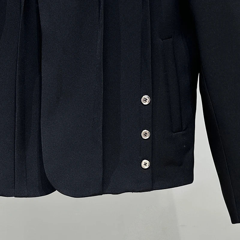 Buttons Stand Collar Padded Shoulder Blazer