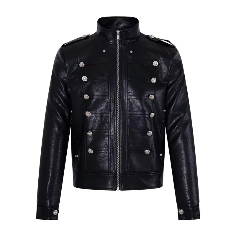 Retro Solid Black Metal Button Fitted Jacket