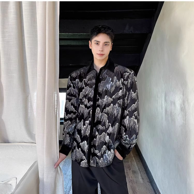 Embroidery Sequins Turn-down Collar Shirt