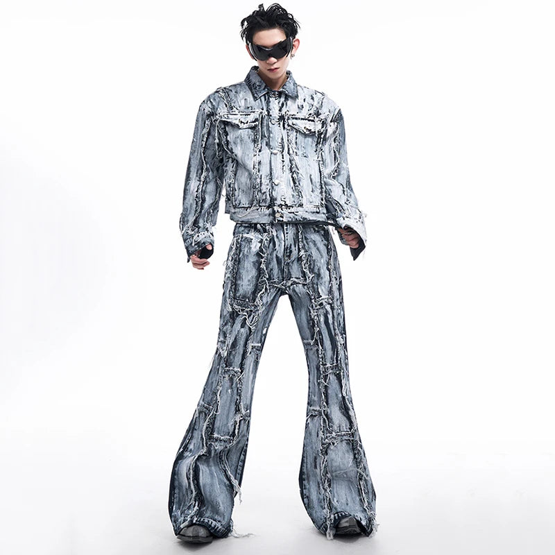 Raw Edge Single Breasted Denim Pants Set