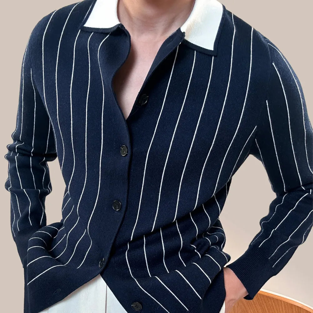 Striped Knitted Turn-Down Collar Shirt