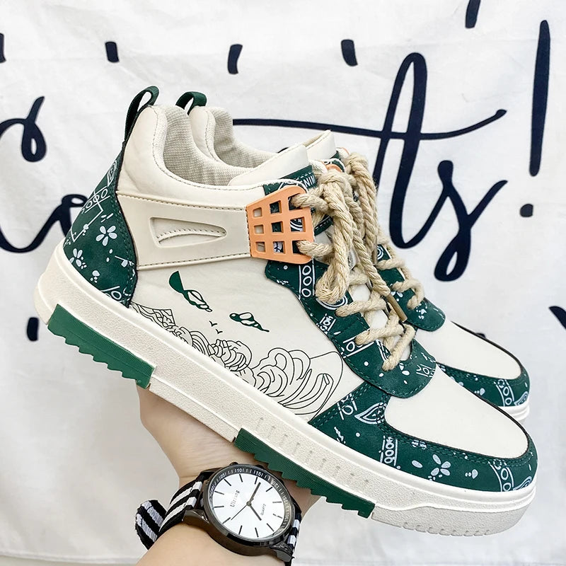 Geometric-Printed PU Leather Sneakers