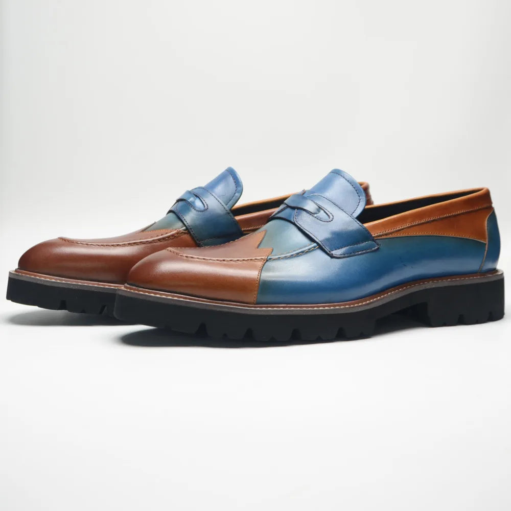 Blue Brown Genuine Leather Men's Loafers