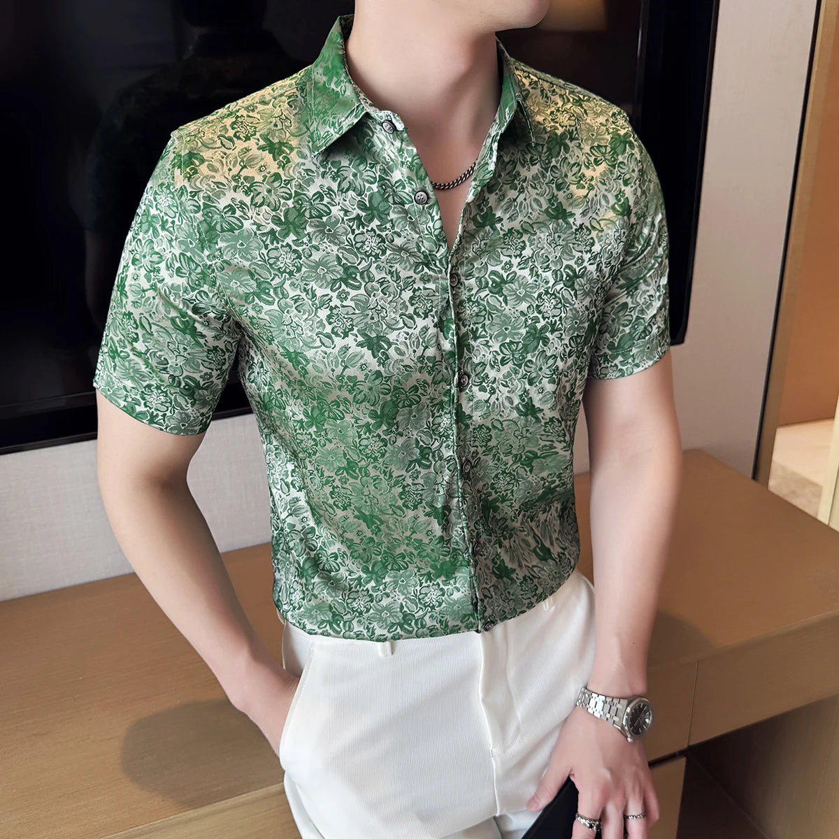 Ice Silk Flower Men's Short Sleeve Shirt