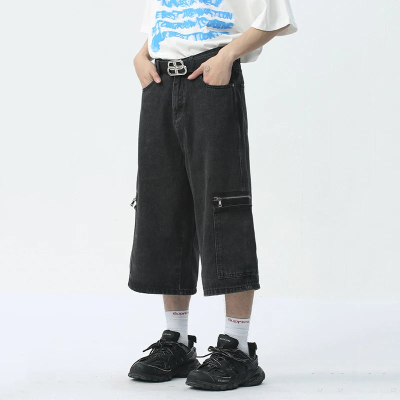 Black Color Zipper Pockets Shorts