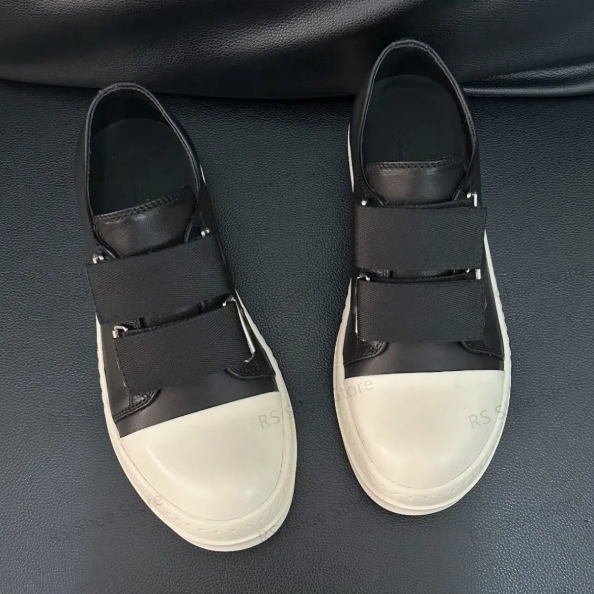 Low Top Black Leather Velcro Sneakers