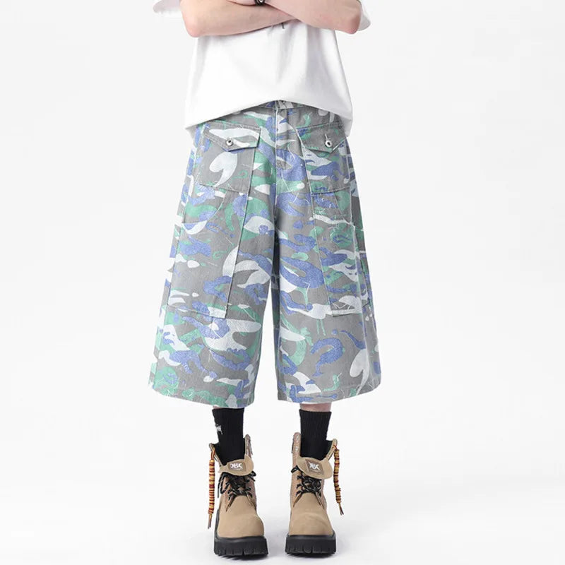 Casual Camouflage Multi-Pocket Denim Capri