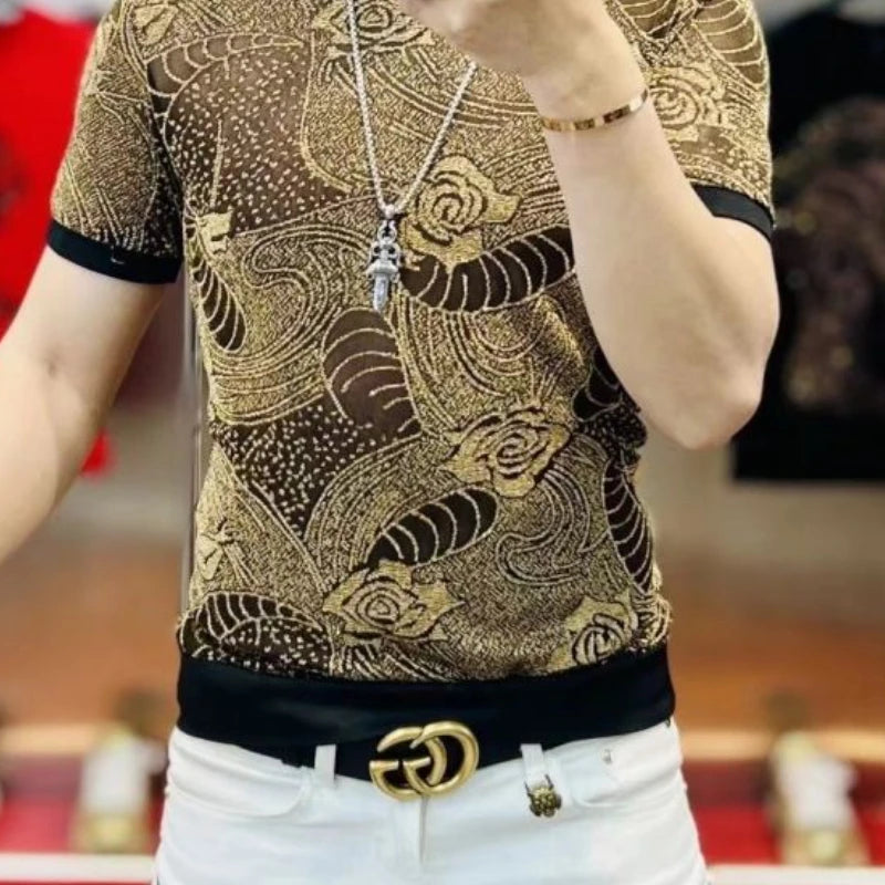 Hollow Mesh Printed Casual T-Shirt