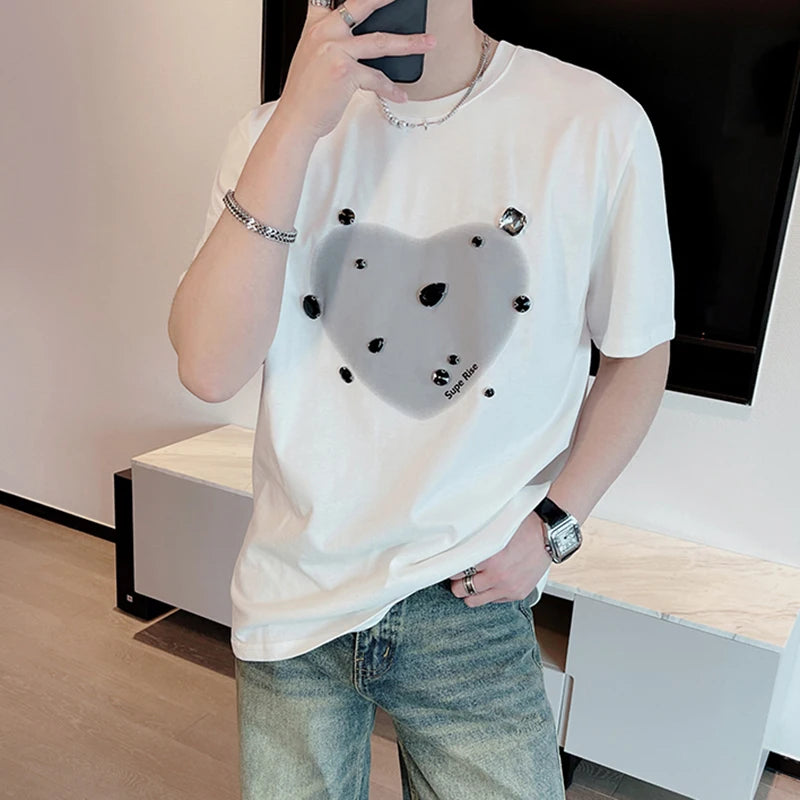 Heart Pattern Rhinestone Decoration T-Shirt