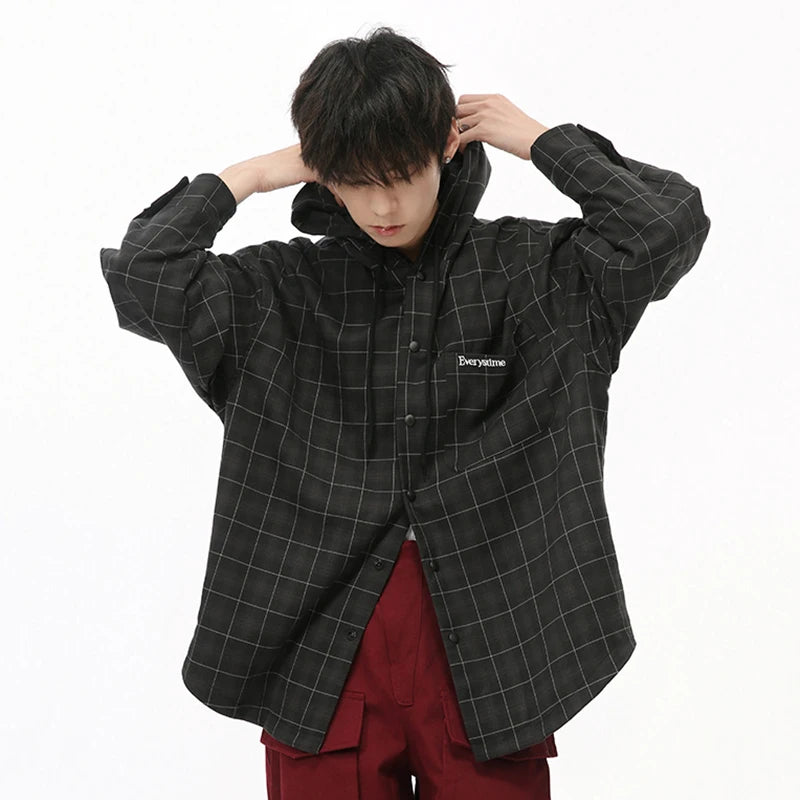 Plaid Drawstring Hooded Loose Shirt