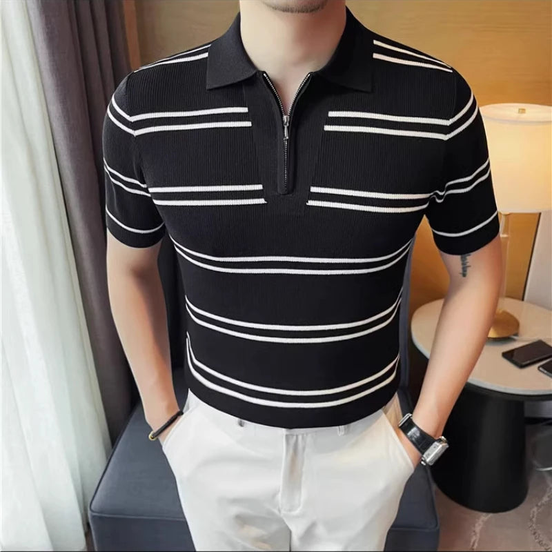Casual Striped Knitted Short-Sleeved Polo Shirt