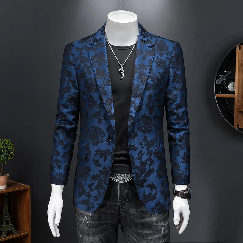 Floral Jacquard Slim-Fit Casual Blazer