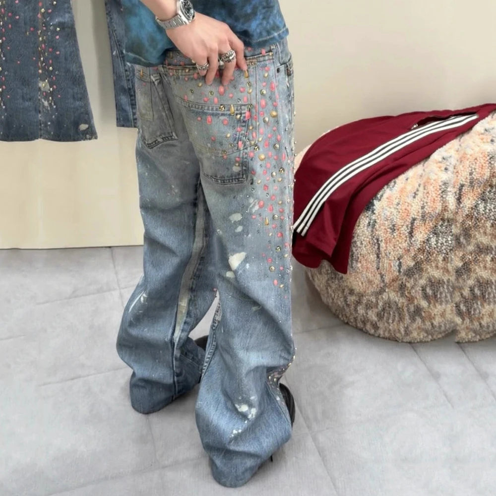Washed Distressed Beads Decor Jeans