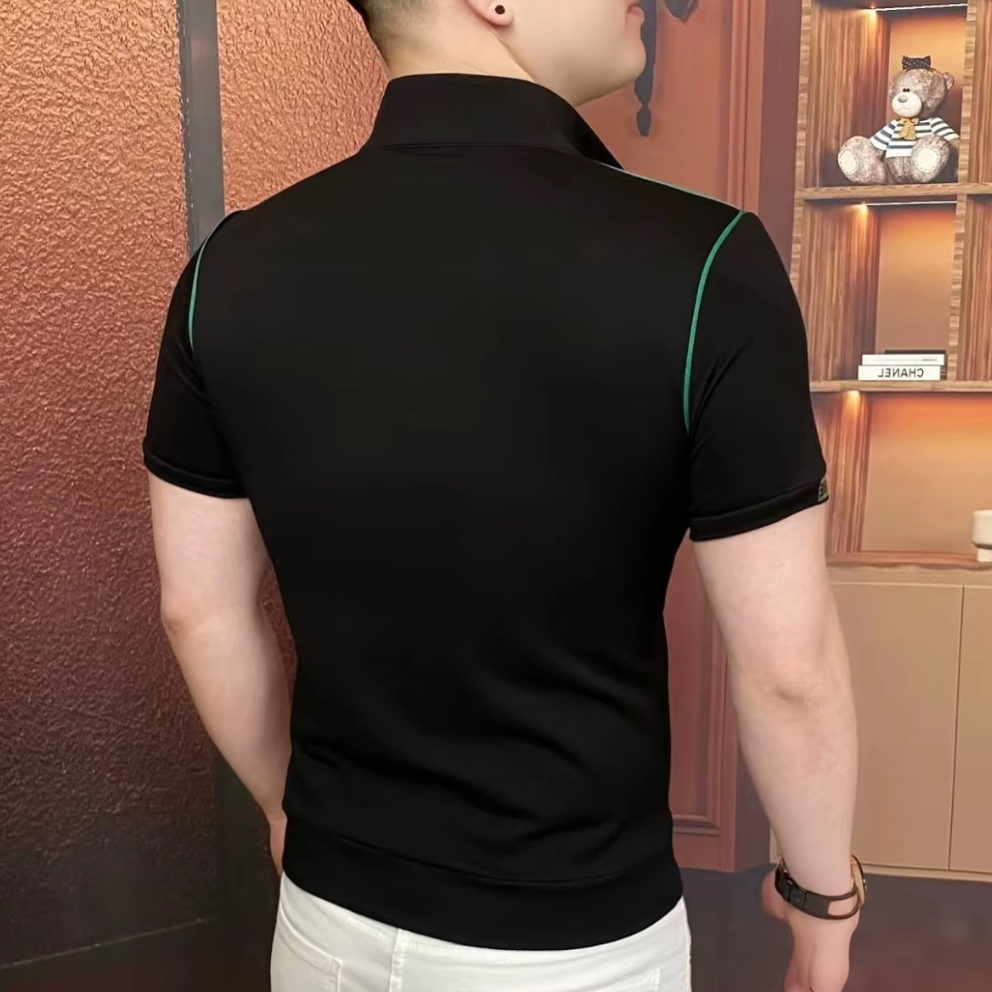 Black Collar Embroidered Zipper Polo Shirt