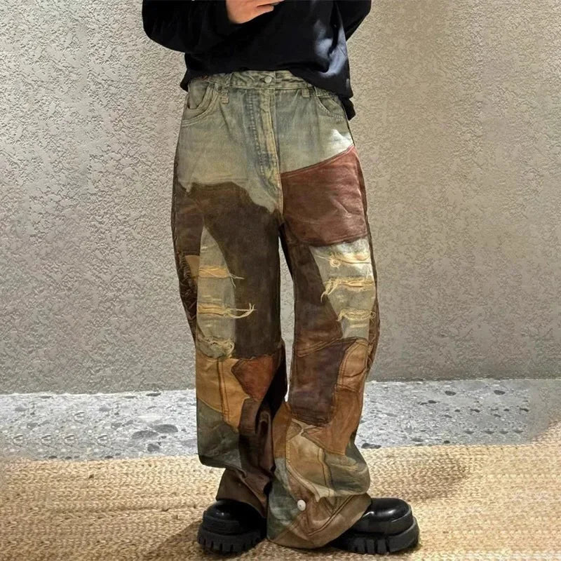 Casual Patchwork Style 3D Printed Jeans